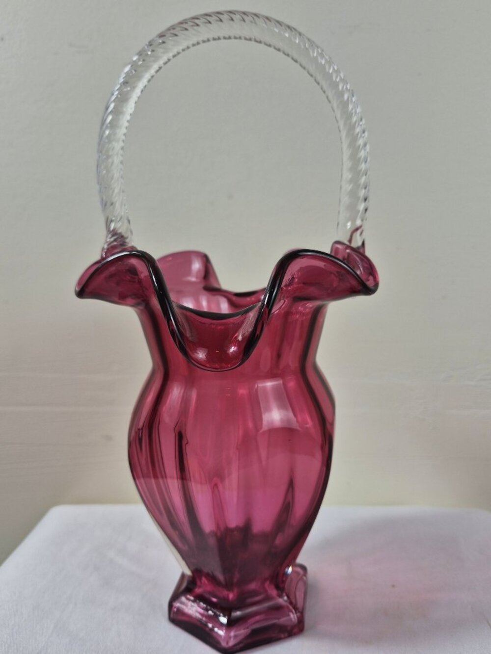 Fenton Cranberry Art Glass Basket Ruffled Rim Clear Twist Handle Star Mark